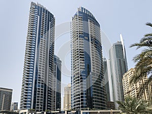 Dubai, United Arab Emirates. View of modern skyscrapers and buildings at Dubai Marina. Iconic destination. Luxury skyscrapers