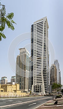 Dubai, United Arab Emirates. View of modern skyscrapers and buildings at Dubai Marina. Iconic destination. Luxury skyscrapers