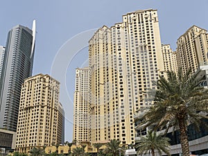 Dubai, United Arab Emirates. View of modern skyscrapers and buildings at Dubai Marina. Iconic destination. Luxury skyscrapers