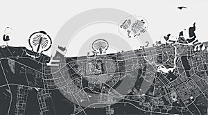 Dubai vector map. Detailed black map of Dubai city poster with streets. Cityscape urban vector