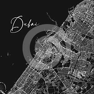 Dubai vector map. Detailed vector map of Dubai city administrative area. Cityscape poster metropolitan aria view. Black