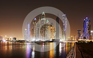 Dubai waterfront skyline at night, United Arab Emirates