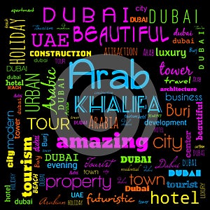 dubai word cloud, text,word cloud use for banner, painting, motivation, web-page, website background, t-shirt & shirt printing,