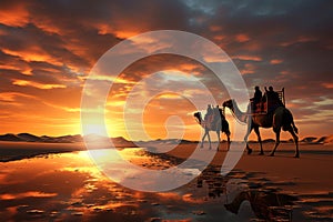 Dubais desert charm 3D camel caravan on sand under a sunset