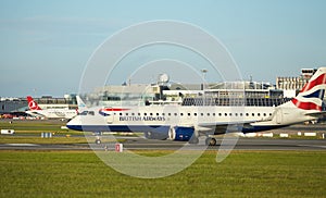 Dubli, Ireland - 10.11.2021: British Airways airplane on the Dublin airport. Commercial airplane jetliner landing in beautiful sun