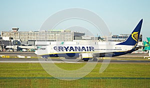 Dubli, Ireland - 10.11.2021: Ryanair airplane on the Dublin airport. Commercial airplane jetliner landing in beautiful sunset ligh