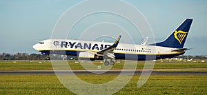 Dubli, Ireland - 10.11.2021: Ryanair airplane on the Dublin airport. Commercial airplane jetliner landing in beautiful sunset ligh