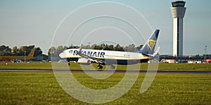 Dubli, Ireland - 10.11.2021: Ryanair airplane on the Dublin airport. Commercial airplane jetliner landing in beautiful sunset ligh