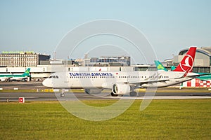 Turkish Airlines on the Dublin airport. Commercial airplane jetliner landing