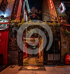 DUBLIN, IRELAND, DECEMBER 24, 2018: Temple Bar historic district, known as cultural quarter with lively nightlife. Nightscene of