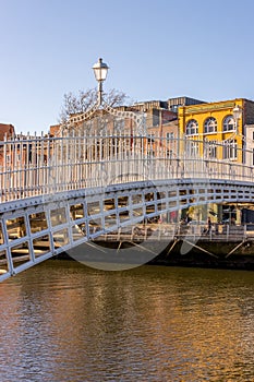 Dublin, a view of the Ha'penny Bridge over the River Liffey