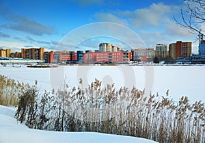 Dubna city during winter time architecture background