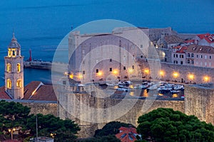 Dubrovnik. Aerial view of the harbor at sunset.