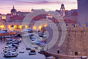 Dubrovnik. Aerial view of the harbor at sunset.