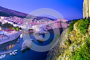 Dubrovnik. Aerial view of the harbor at sunset.