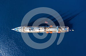 Dubrovnik, Croatia. Aerial view at the cruise ship with sail. Adventure and travel. Landscape with cruise liner on Adriatic sea.