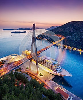 Dubrovnik, Croatia. Aerial view at the cruise ship during sunset. Adventure and travel. Landscape with cruise liner on Adriatic s