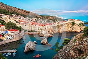 Dubrovnik, Croatia: Aerial view on the old town (medieval Ragusa) surrounded by fortified walls above the