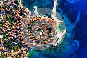 Dubrovnik, Croatia. Aerial view on the old town. Vacation and adventure. Town and sea. Top view from drone at on the old castle an