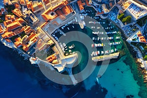 Dubrovnik, Croatia. Aerial view on the old town. Vacation and adventure. Town and sea. Top view from drone at on the old castle an