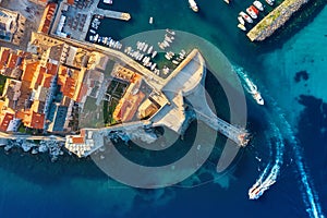 Dubrovnik, Croatia. Aerial view on the old town. Vacation and adventure. Town and sea. Top view from drone at on the old castle an