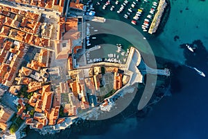 Dubrovnik, Croatia. Aerial view on the old town. Vacation and adventure. Town and sea. Top view from drone at on the old castle an