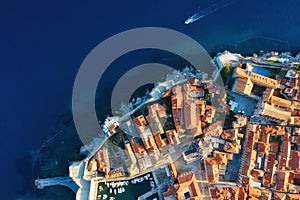Dubrovnik, Croatia. Aerial view on the old town. Vacation and adventure. Town and sea. Top view from drone on the old castle and b
