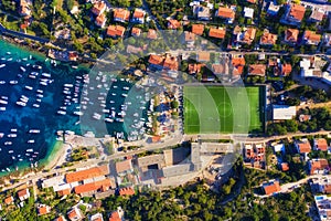 Dubrovnik, Croatia. Aerial view on the town and football stadium. Vacation and adventure. Top view from air.