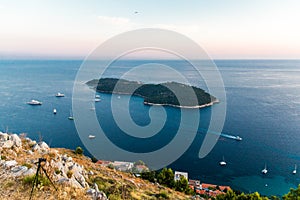Dubrovnik, Croatia - July, 2019: View from the top of the mountain of Srdj to the old part of the city in the fortress in