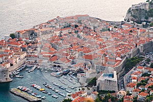 Dubrovnik, Croatia - July, 2019: View from the top of the mountain of Srdj to the old part of the city in the fortress in