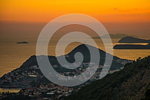 Dubrovnik, Croatia - July, 2019: View from the top of the mountain of Srdj to the old part of the city in the fortress in