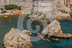 DUBROVNIK, CROATIA - MAY 31, 2019: Kayaking in the West harbor of Dubrovnik, Croat
