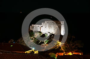 Dubrovnik, Croatia. Night view of illuminated Saint Lawrence fortress Lovrijenac