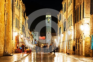 Dubrovnik, Croatia. Night view of Stradun street of old city photo