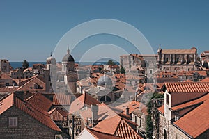 Dubrovnik Croatia top view from city walls on red roofs, Adriatic sea and historical buildings