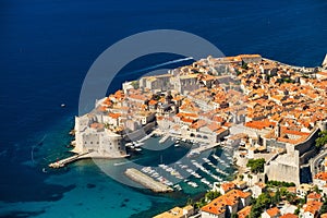 Dubrovnik, Croatia. View on the old town from high mountain. Top view rocks at on the old castle and blue sea. Vacation and advent