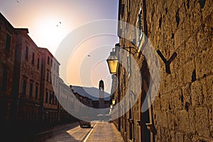 Dubrovnik. Famous Stradun street in Dubrovnik golden sunset view