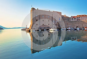 Dubrovnik harbor and city walls morning panoramic view