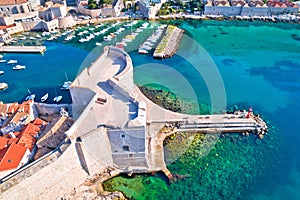 Dubrovnik harbor and strong defense walls aerial view