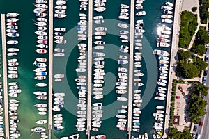 Dubrovnik marina with boats at Mediterranean sea vacation Dalmatia aerial photo view from above in Croatia