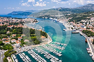 Dubrovnik marina and harbor at Mediterranean sea vacation Dalmatia aerial photo view in Croatia