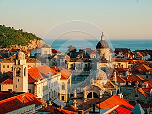 Dubrovnik Old Town, Croatia. Tiled roofs of houses. Church in th