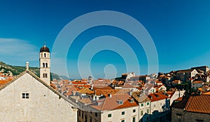 Dubrovnik Old Town, Croatia. Tiled roofs of houses. Church in th