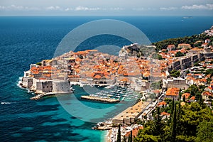 Dubrovnik old town surrounded by fortified walls above the Adriatic sea, Croatia