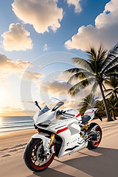 Ducati panigale, at the beach with the sea, palm tree, beautiful sky and clouds in sunset, printable