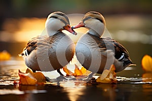 Duck and another bird share a tender moment, beaks touching