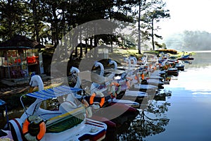 Duck boat reflect on lake