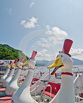 Duck boats on Lake Toya, Hokkaido, Japan