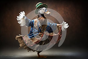 duck in boho clothes joyfully dancing, created with Generative AI technology