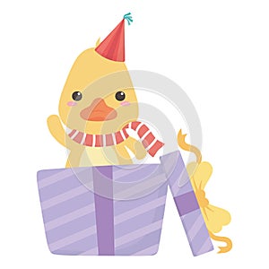 Duck cartoon with happy birthday icon design